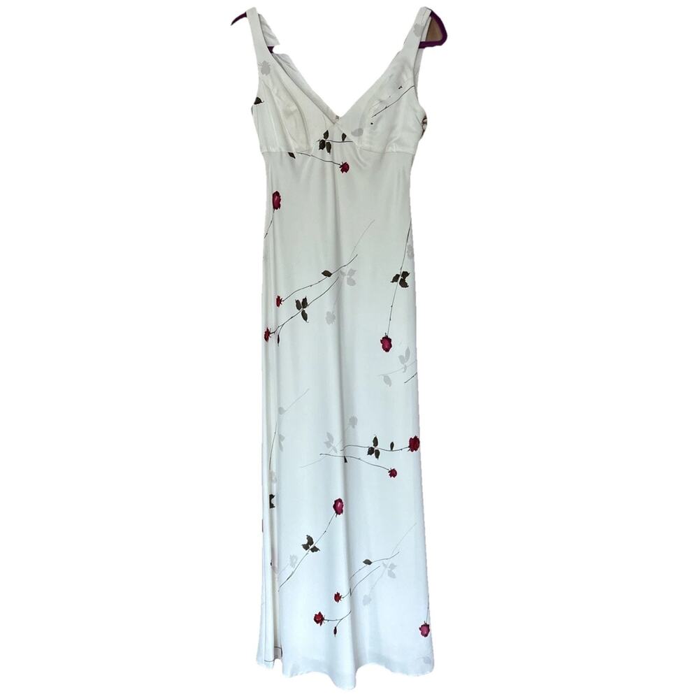 Vtg A.B.S. Allen Schwartz White Satin With Rose Print Maxi Gown Slip Dress Sz 4
